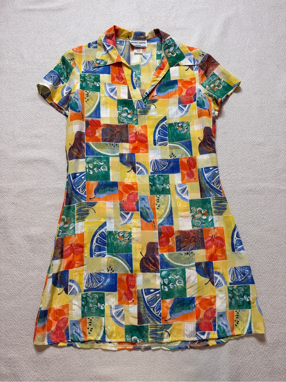 VTG 80s Fruit Print Yellow Patchwork Rayon Satin Popover Twiggy Dress S Mini - Picture 2 of 8